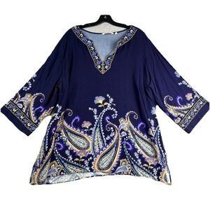 Soft Surroundings Tunic Top Women's 2X Navy Paisley Boho Hippie V Neck
